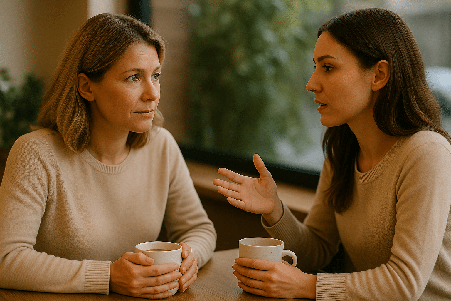 Two women talking calmly over tea, practicing healthy communication to ease high functioning anxiety in women.